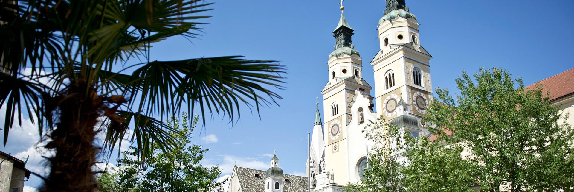 View of the towers of the Bressanone Cathedral, surrounded by palm trees and greenery under a clear blue sky.