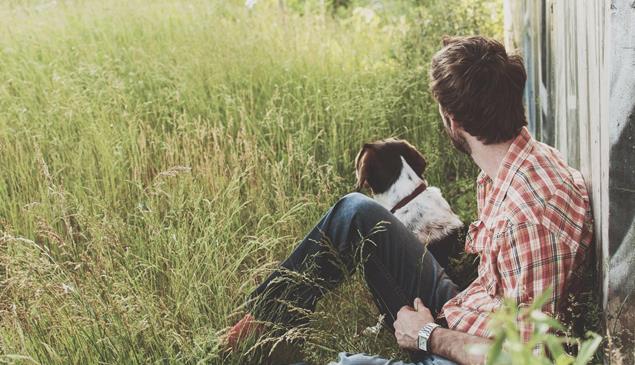 Ein Mann und ein Hund sitzen in einer Wiese