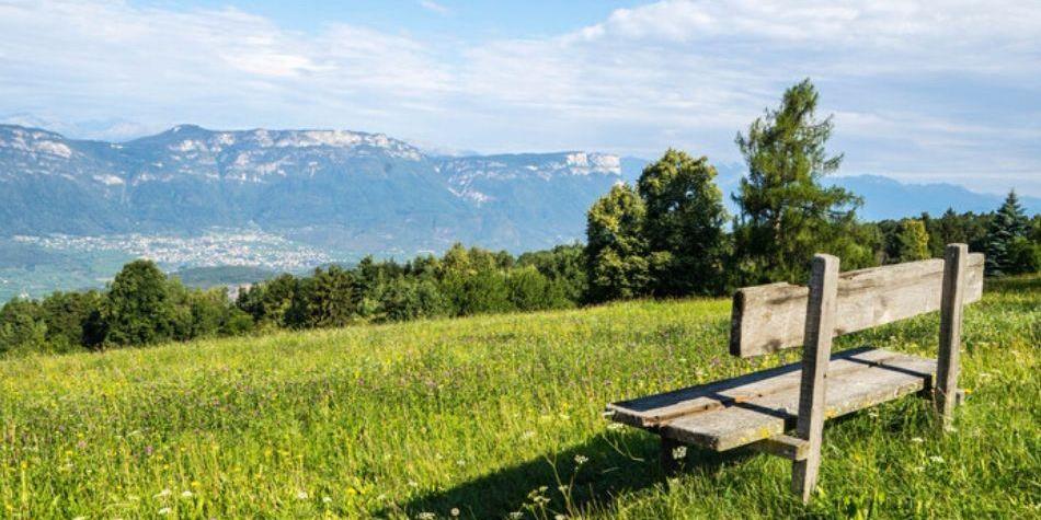Una panchina in legno su un prato fiorito con vista sulla valle e sulle montagne circostanti.