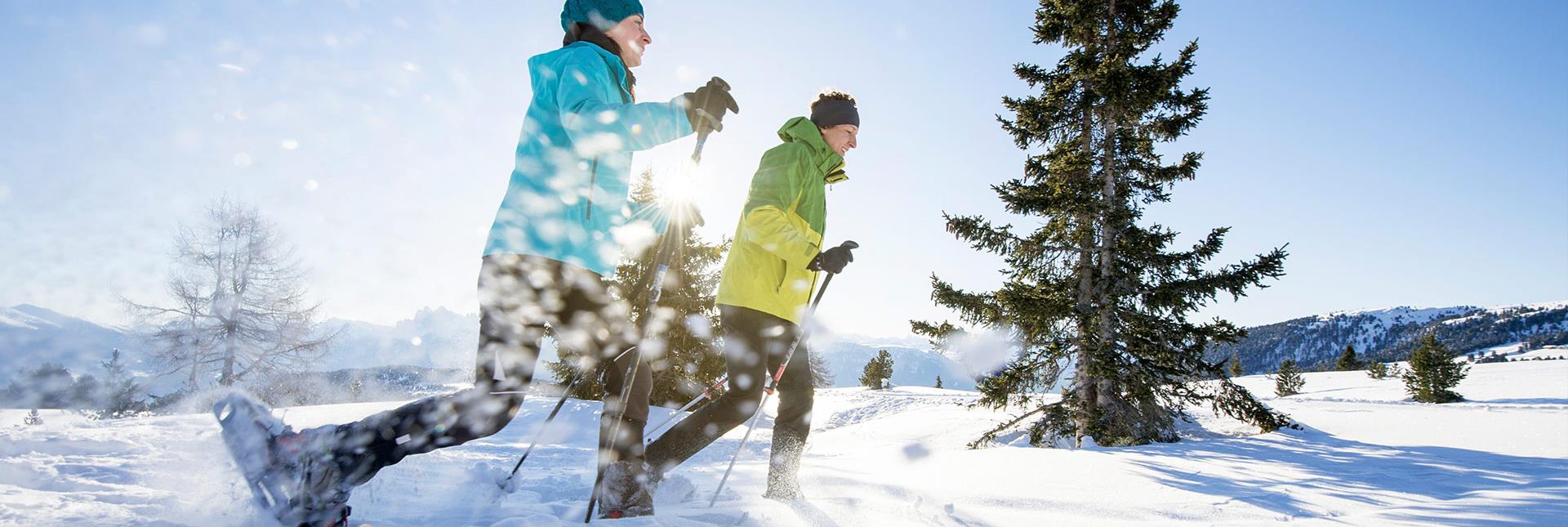 Two people on a snowshoe hike